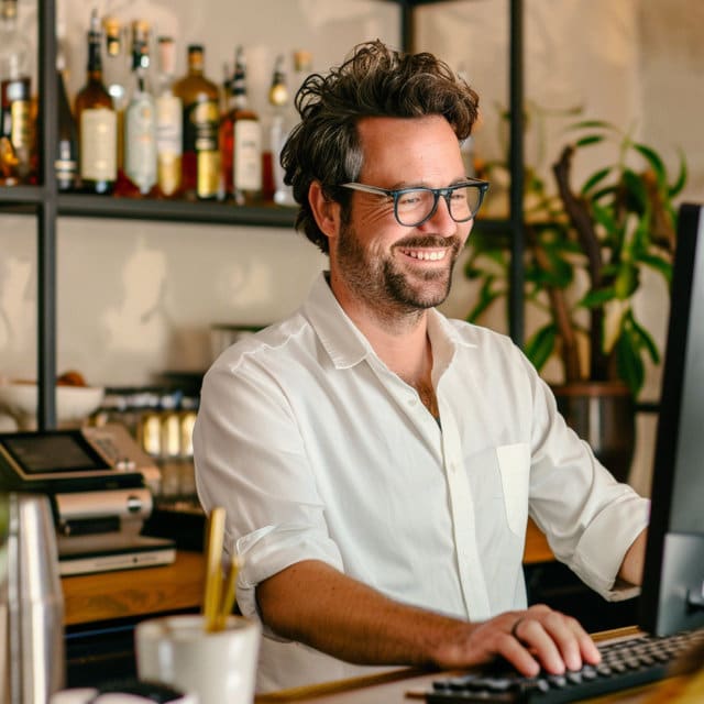 Imprenditore Locale all'interno della sua attività davanti al pc